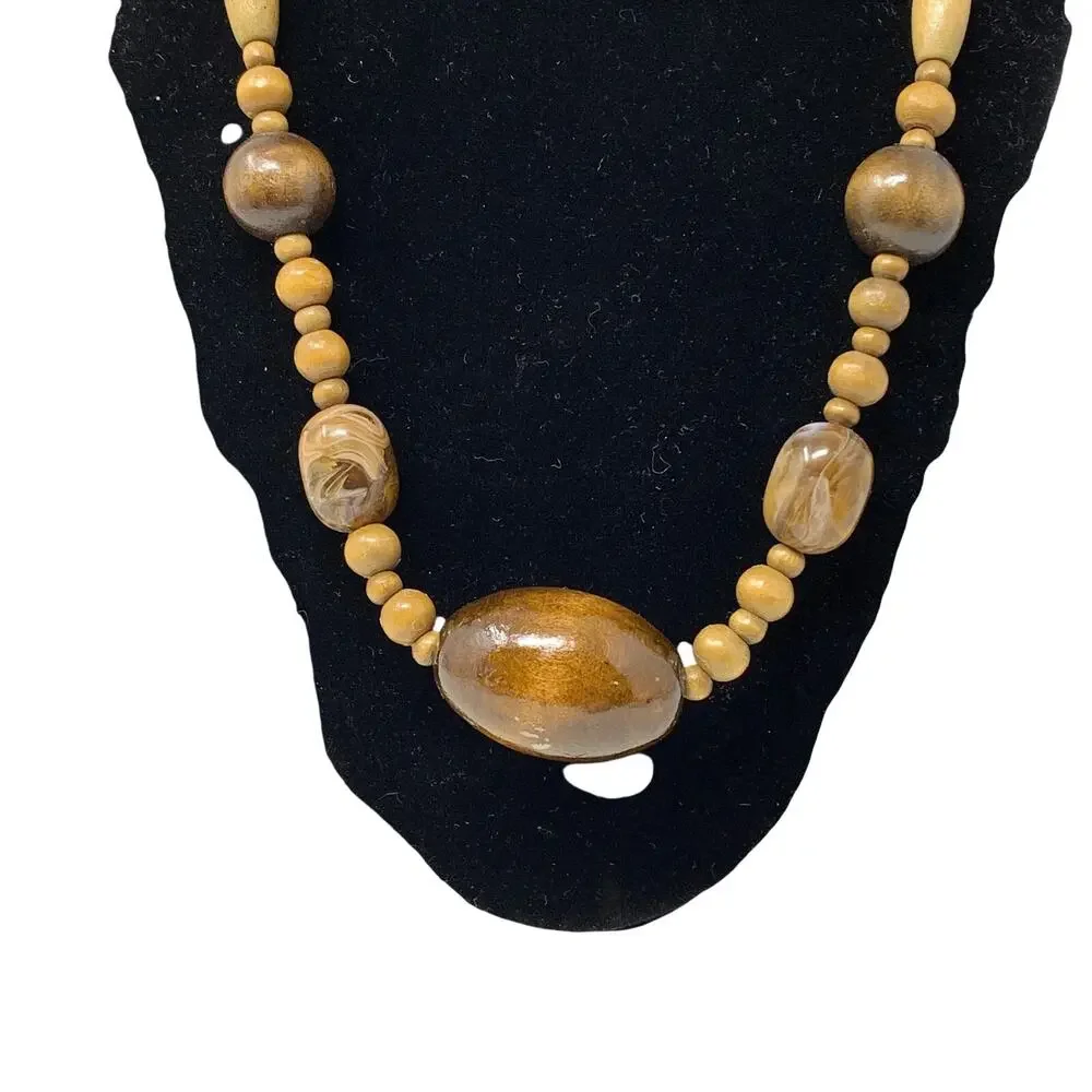 Handmade Artisan Wooden Beaded Necklace + Dangle Drop Earring Set Brown
